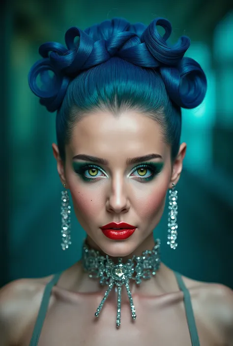 incredibly long and voluminous eyelash extensions, bright green makeup , blue hair, diamond earrings , collar, red lips, bow-shaped hair ,