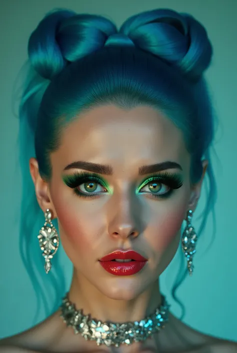 incredibly long and voluminous eyelash extensions, bright green makeup , blue hair, diamond earrings , collar, red lips, bow-shaped hair ,