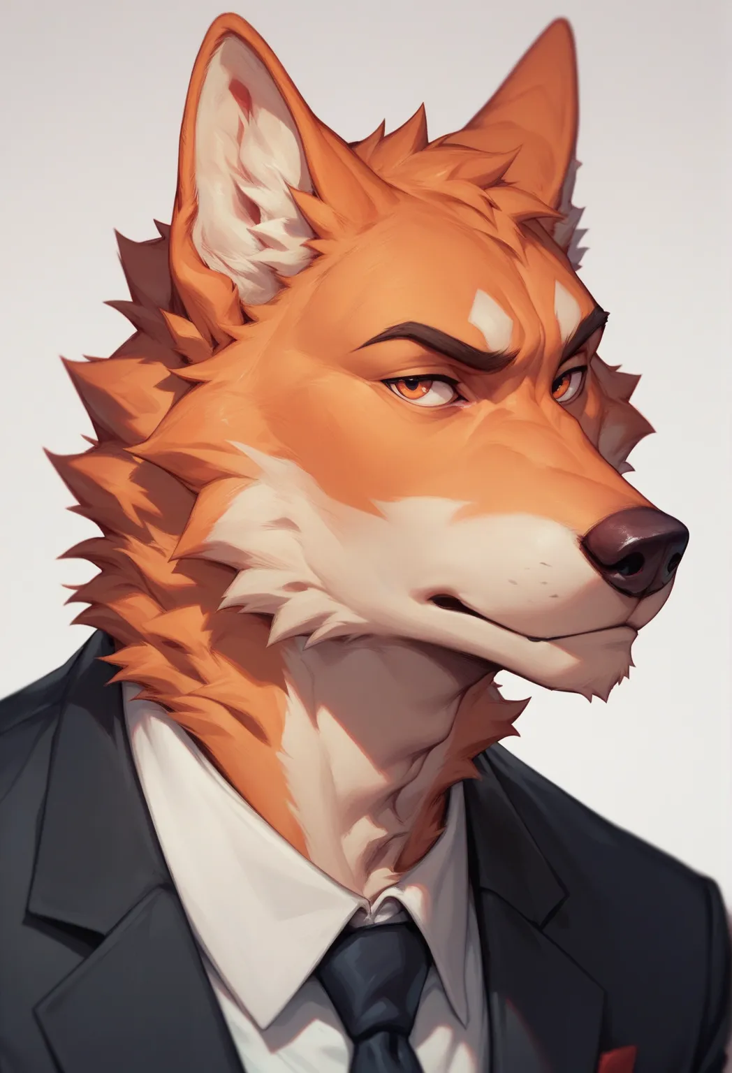   an orange furry wolf,Has orange ears, He has red circles and fine lines under his eyes, ，He's wearing a black suit ，Lean. full body portrait