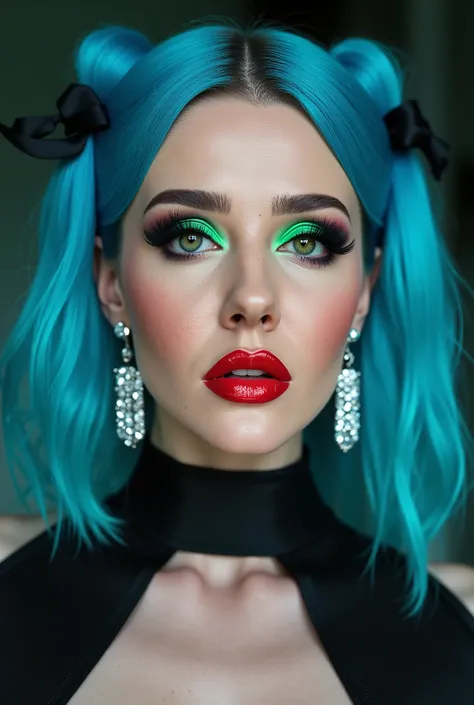 incredibly long and voluminous eyelash extensions, bright green makeup , blue hair, diamond earrings , collar, red lips, bow-shaped hair ,
