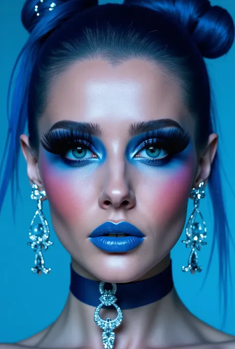 incredibly long and voluminous eyelash extensions, bright blue makeup, blue hair, diamond earrings , collar, blue lips, Her lips are puckered up., bow-shaped hair ,