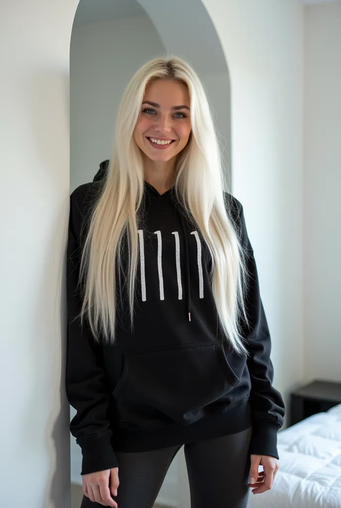 
Setting: platinum white blonde super long hair, big smile 
A striking modern bedroom  with clean lines and unique shapes.
Outfit: a black comfy hoodie with a writing ''1111''. big breasts and a huge smile
Very Long hair, 
 
Pose Ideas:
blue eyes, big brea...