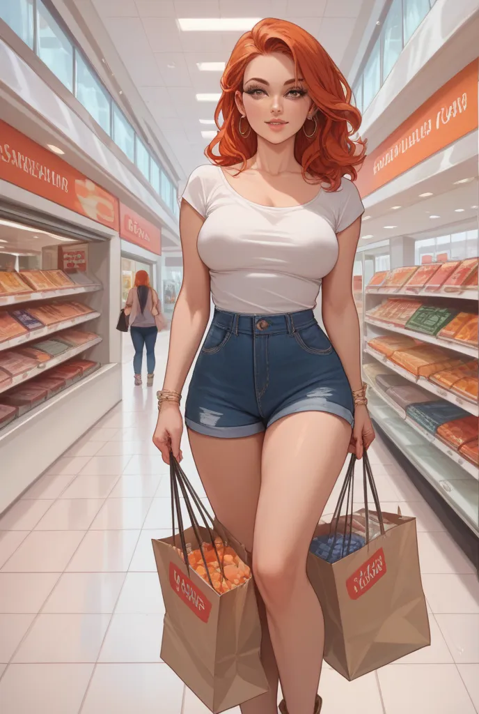 Orange red-haired woman full of shopping bags at the mall 