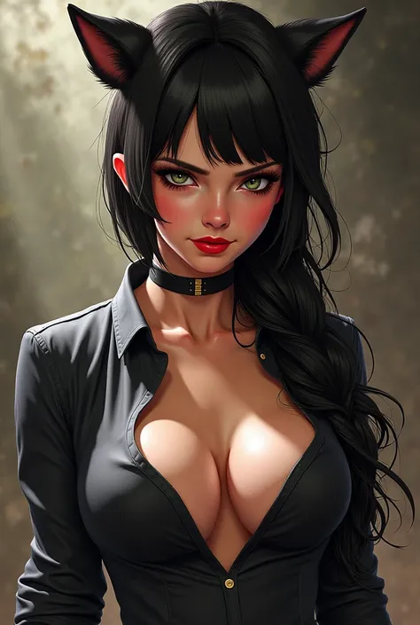 Deborah trong invincible, with neat hair tied gonj ,with big boobs showing lust ,  wearing shirt  , open boobs , Coplay cat , slightly embarrassed face 