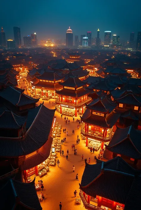 航拍中国Ancient CityChangan， night view，Ultra high altitude shooting，Perfect Composition，Panoramic surround shot from a bird's-eye view，Ancient City，Changan，There is a Chinese restaurant in the middle of the brightly lit bazaar。 lively atmosphere 。