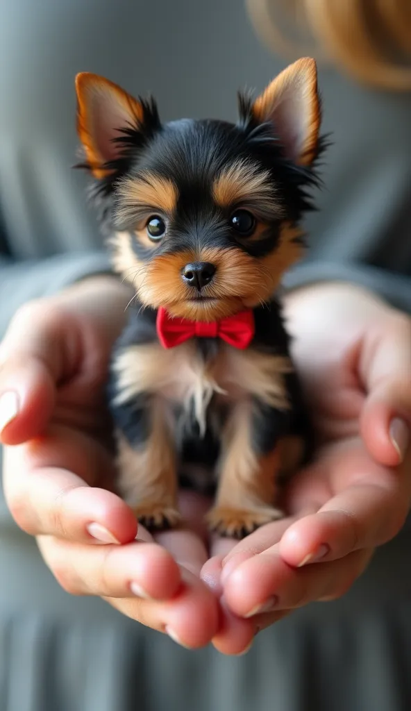 Create an ultra-realistic image of an unbelievably tiny Yorkshire Terrier puppy, so small it looks like a miniature figurine resting in the center of a human palm. Its silky, tricolor fur—black, tan, and silver—is soft and delicate, with fine strands visib...