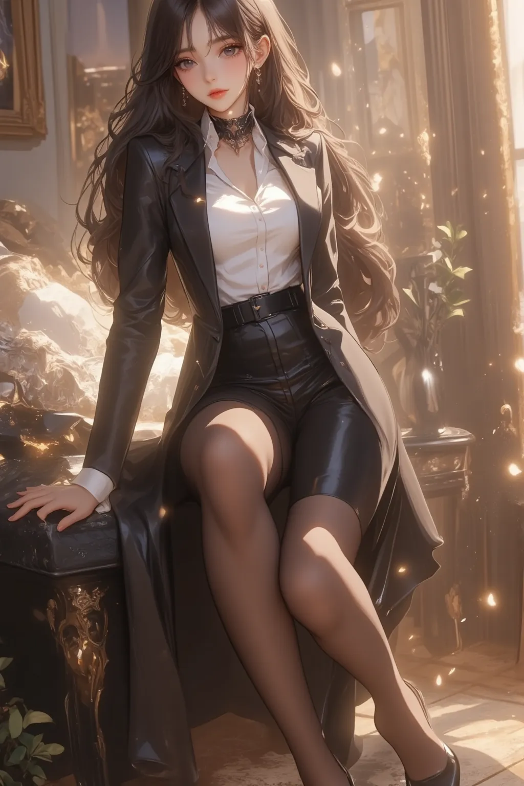  masterpiece,  8,000, best quality,  extremely detailed, apartment, Realistic,  mature, Have very long hair,  dark eyes , dark hair, cotton business wear，black pantyhose，black heels，full body