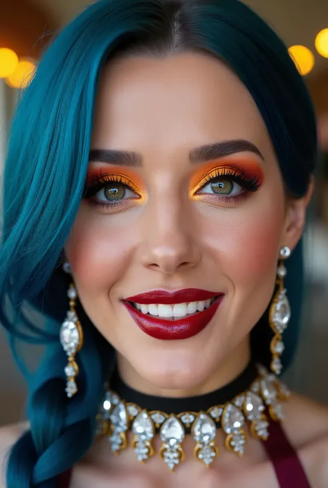 incredibly long and voluminous eyelash extensions, girl laughs a lot, Bright orange makeup, blue hair, diamond earrings , collar, burgundy lips , french braid ,