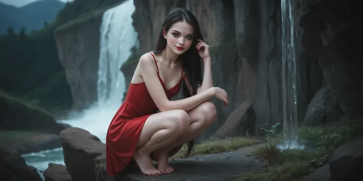 A squatting ager, small breasts, black hair, straight hair, very long hair, freckles, detailed ribs and small bare feet, red lips, eyeliner, perfect nails, perfect feet, blue eyes,  smile,  long red dress , closed dress, On the edge of a cliff, night, lua,...
