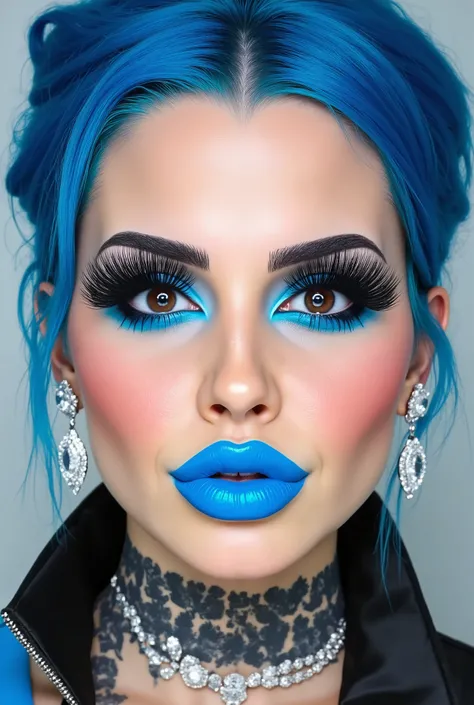 incredibly long and voluminous eyelash extensions, bright blue makeup, blue hair, diamond earrings , collar, blue lips, Her lips are puckered up., bow-shaped hair ,