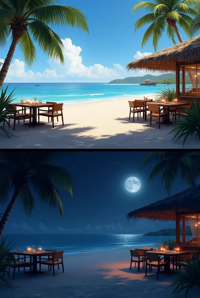 Create 2 landscapes of beach restaurant tables day and night,  without people.