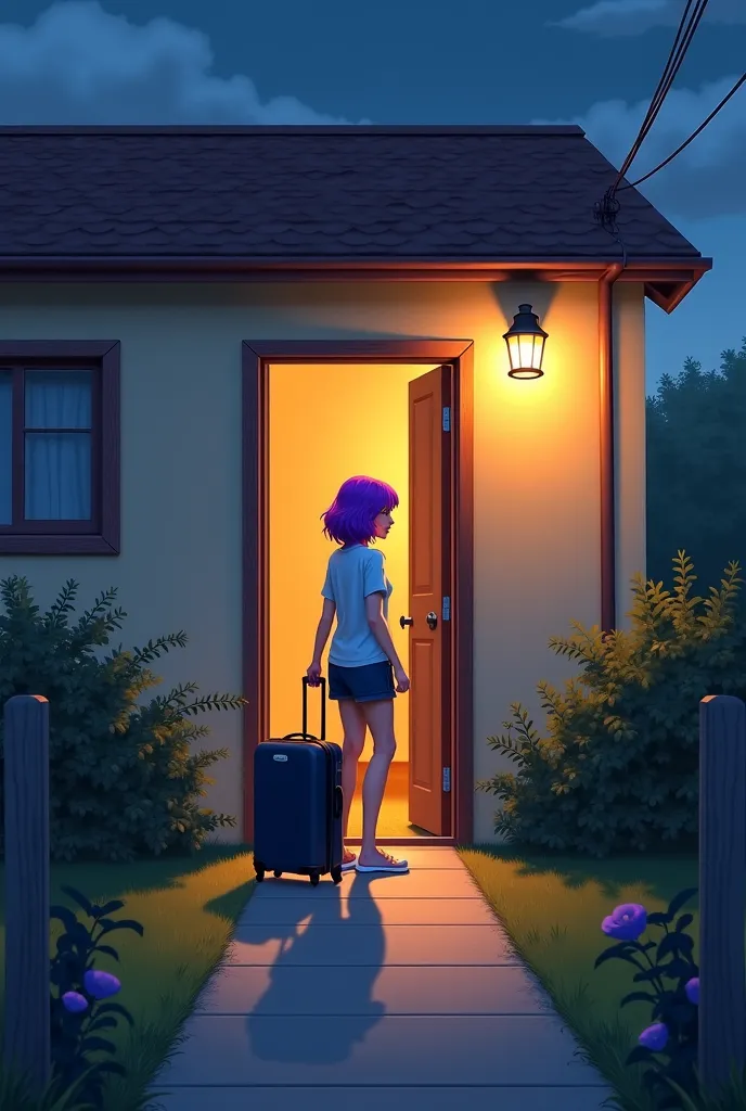 A young woman with purple hair stands at the entrance of a simple house,  but cozy . The pole light illuminates the sidewalk. She holds her suitcase and sighs before entering.