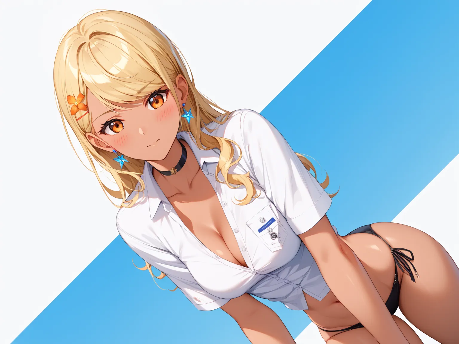 master piece、Best Quality,Super detailed,High resolution,Extremely detailed CG,Unity 8K Wallpaper,weat,score_9, score_8_up, score_7_up, score_6_up, score_5_up, score_4_up, source_anime,QpiOriginal, orange eyes, dark skin, blonde hair, long hair, swept bang...