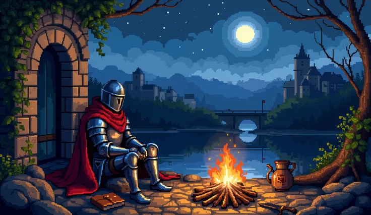 A solitary medieval knight rests by a crackling campfire near a bridge and a starry night sky. His polished steel armor reflects the flames, a closed helmet obscuring his face, with a crimson cloak draped over his shoulders. Crumbling ivy-covered stone rui...