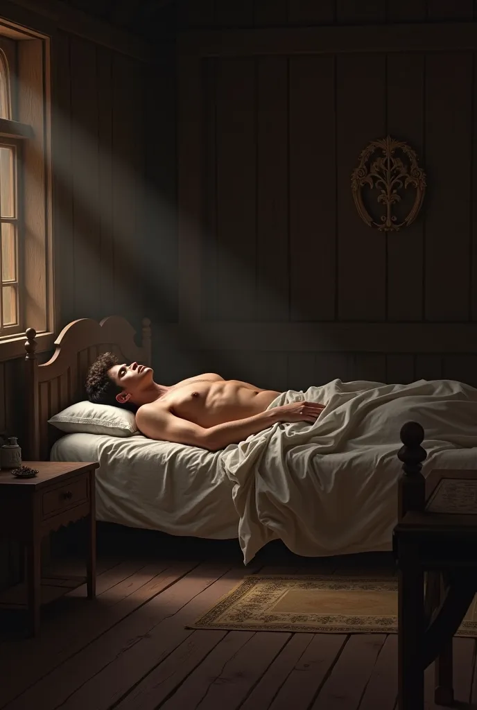 (((A man 20 years old) using only medieval) shirtless) a bedroom with wooden walls and a bed with a bed and a wooden table view, he's lying in a coma, wide view of bedroom 