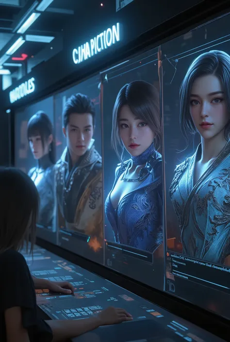 (Theme: A Character Selection Screen, 
ビデオゲームの Characters 選択画面, detailed parameters,  Characters の名前を表示するダイアログ, mechanical electronic status), 
(Appearance of hologram text, game data footnotes are displayed in three-dimensional text, ゲーム画面の Characters 選択)...
