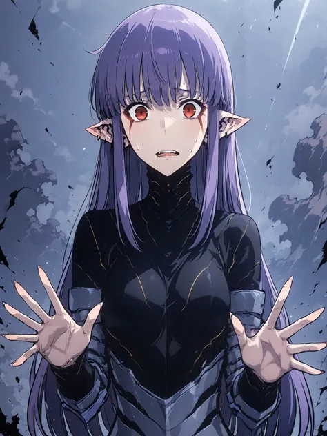 1girl, solo, esil radiru, beautiful, extremely worried, waving hands in front of body, panicking, plain black shirt, slender body, medium breasts, highly detailed eyes, expressive eyes, natural eye shape, iris with visible details, anatomically correct, su...
