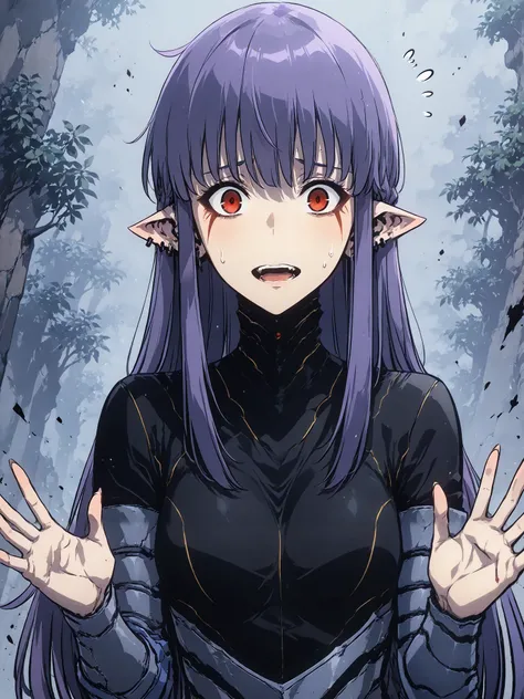 1girl, solo, esil radiru, beautiful, extremely worried, waving hands in front of body, panicking, plain black shirt, slender body, medium breasts, highly detailed eyes, expressive eyes, natural eye shape, iris with visible details, anatomically correct, su...