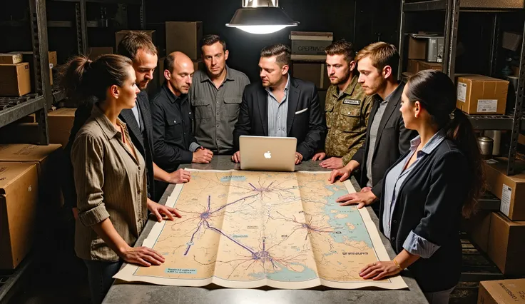 A group of people of different ages and backgrounds in an abandoned warehouse: among them, you can see a former soldier with a fighting eye, by a modest IT specialist with an old laptop under his arm, as well as a confident woman looking like an experience...