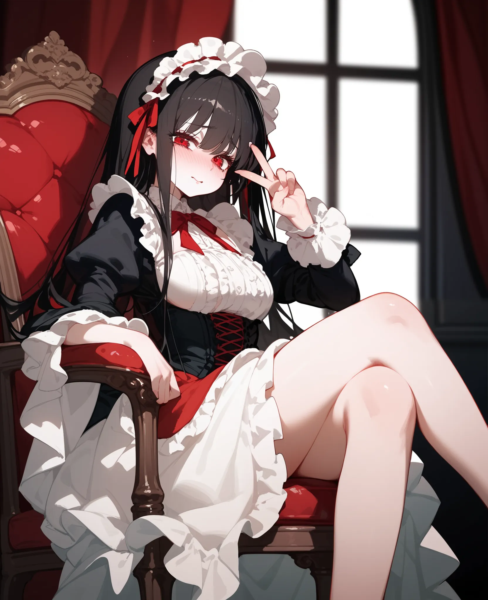 femboy,  long hair,in red eyes,DIG GOTHIC LOLITA,Tall, long hair,shy, shy,ขี้ shy,White skin, black hair,milf, Seat Chair,v sign 