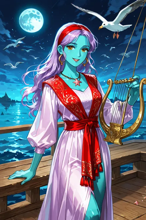 triton, solo, female, turquoise skin, lavender colored hair, gold eyes, red gypsy headband, glossy lips, (cream colored 18th century dress, gypsy style, knee length), beautiful body, starfish necklace, dazzling, graceful, smiling, holding a small harp in h...