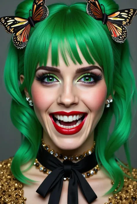 incredibly long and voluminous eyelash extensions, a strong laugh, bright green shadows,  green hair, straight and white teeth, two playful bundles of hair, ribbon collar, diamond earrings, black lips, Bright eyebrows, large butterfly shaped hair clip