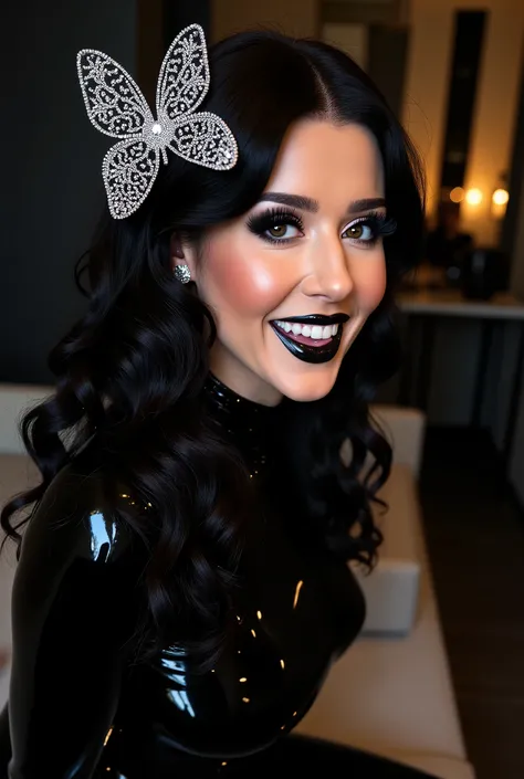 outrageously long and voluminous lash extensions., laughs a lot, Latex suit, diamond ear earrings, black hair, black lips, bright black makeup, large butterfly shaped hair clip
