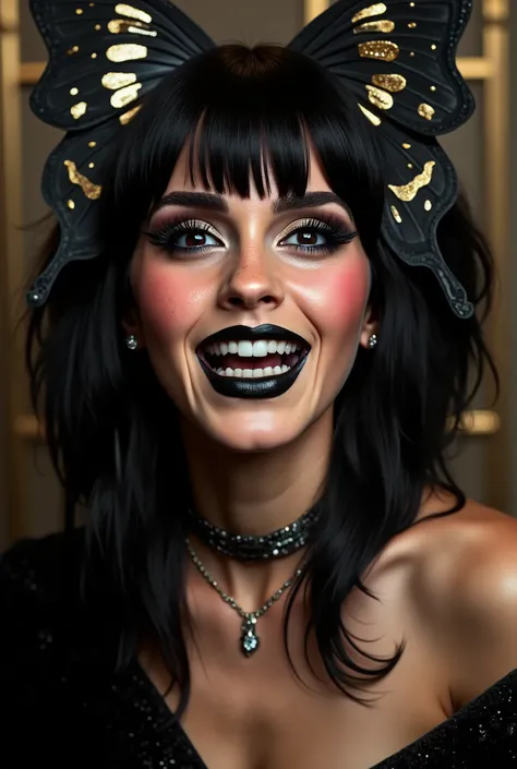 outrageously long and voluminous lash extensions., laughs a lot, Latex suit, diamond ear earrings, black hair, black lips, bright black makeup, large butterfly shaped hair clip