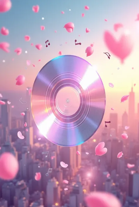 A transparent, iridescent vinyl record spinning in mid-air, emitting a holographic glow. Around it, floating music notes and soft pink petals swirl, as a dreamy pastel sunset fades into a futuristic city skyline