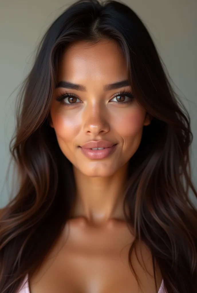 Generate an ultra-realistic image of a 25-year-old Latina woman with a smooth, warm olive skin tone. She has long, flowing dark brown hair that reaches past her shoulders, with a natural shine. Her facial features are well-defined, including expressive bro...