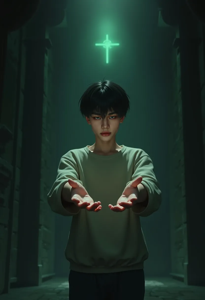 Young Asian male character with hands facing forward to receive something. Back background of a dark room and green light.