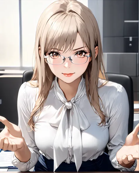 bow blouse, anime - style image, a woman sitting on a chair in the office room, (((A woman wearing thin metal frame glasses))), Short cuffs, Realistic body structure, A body with perfect style, (((A pose with arms spread wide))), (((classical and office st...