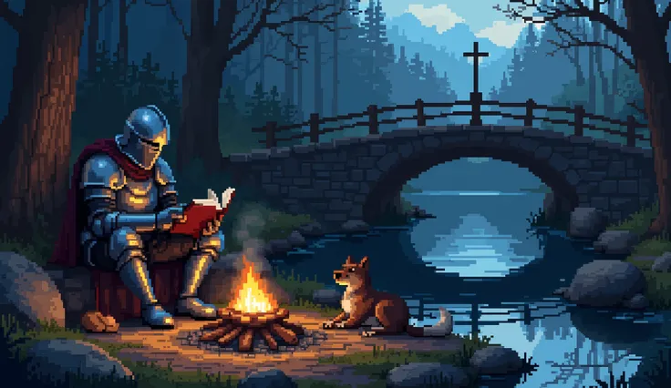 A lone medieval knight rests seated near a bridge that crosses a stream. He wears a steel helmet which is closed and covers his face. In front of him is a campfire and a piece of bread. The water of the stream flows slowly. The knight is alone and leaning ...