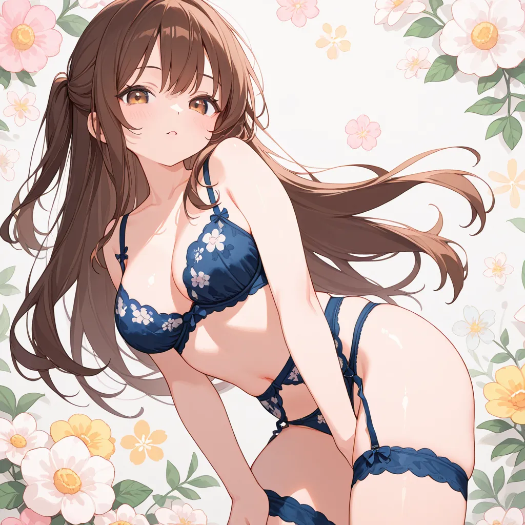 one girl、brown hair,half up、bra、panties、garter belt、standing,seductive pose,floral pattern background ,top quality、high definition