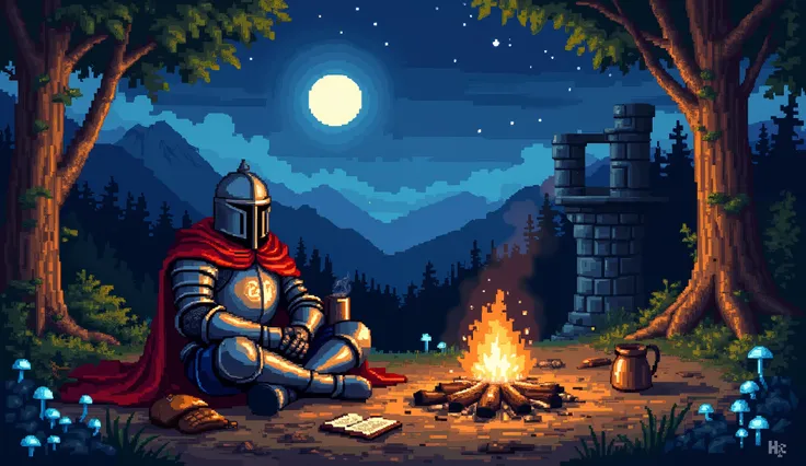 A solitary medieval knight rests by a crackling campfire in a secluded forest clearing under a starry night sky. His polished steel armor reflects the flames, a closed helmet obscuring his face, with a crimson cloak draped over his shoulders. A rune-etched...