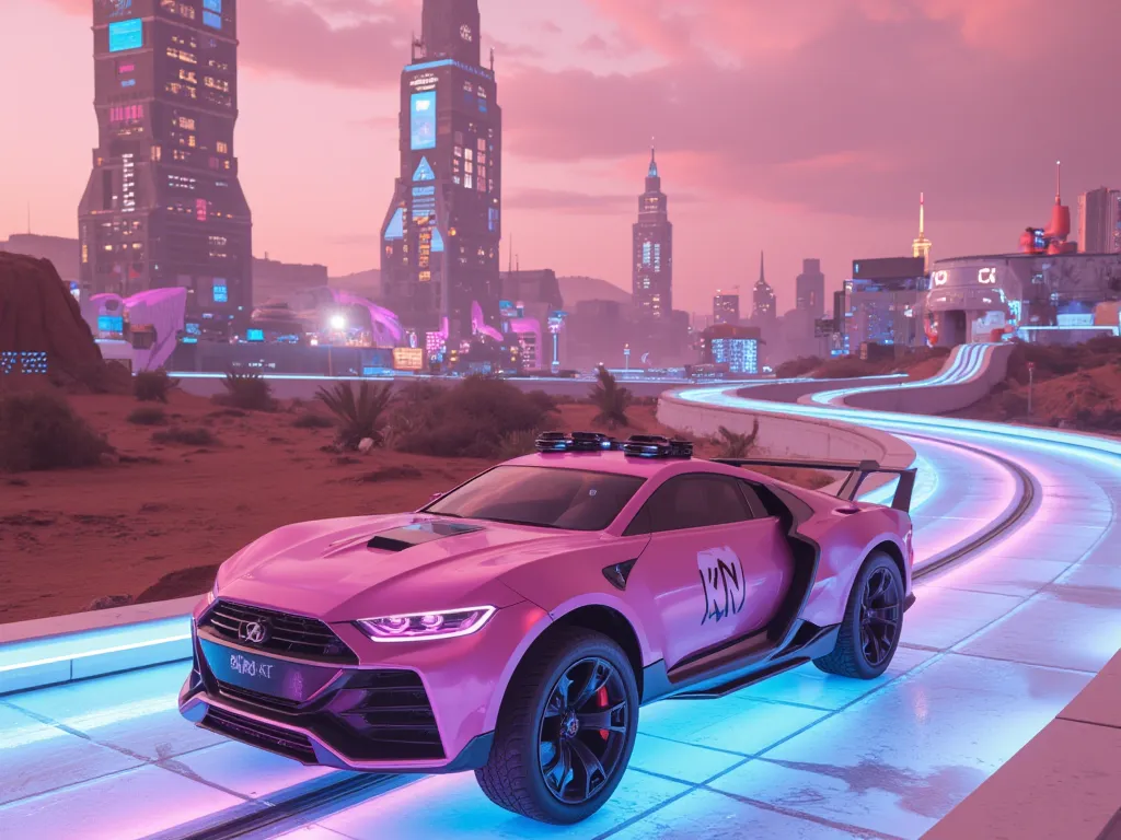 A futuristic view of Mars , with a Cybertruck-style car with the 'KN' logo on an urban track in an advanced Martian city.  The car is bright metallic pink ,  with angular details and vibrant LED lights .  The city in the background features tall, curviline...