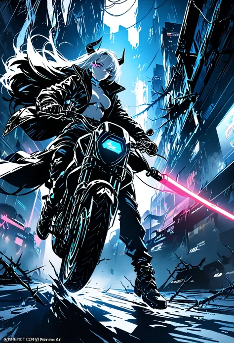 alone, weapons, stands, Hold, (highest quality,4K,High Resolution, masterpiece:1.2),Very Detailed,single,Cyberpunk City Neon,Armed with a red lightsaber with both hands,Motorcycle Leather Coat Windbreaker,long white hair anime girl,the hunter who drives t...