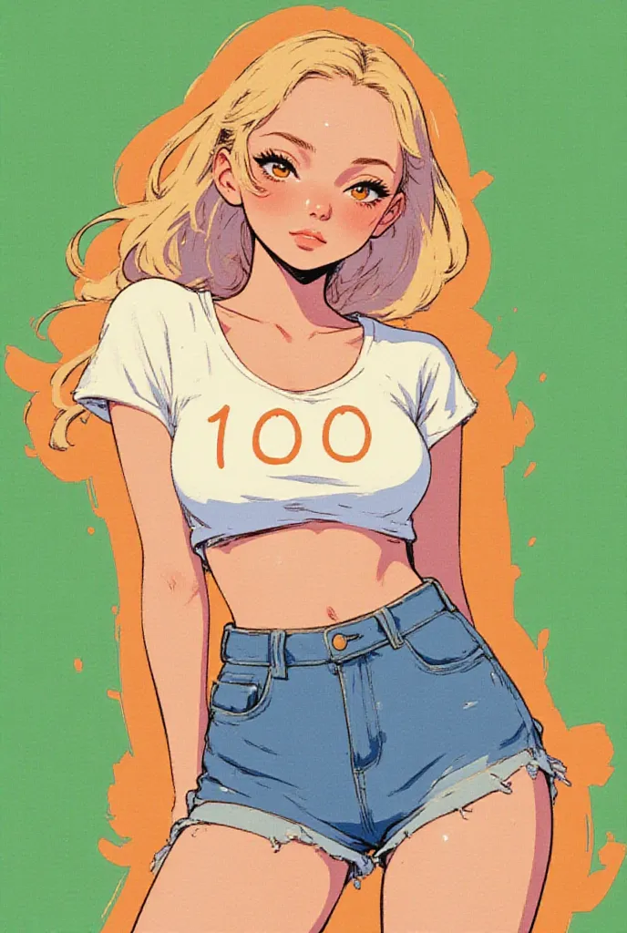 NAMI, ONE PIECE, CROP TOP, UNDERBOOB, THE NUMBER "100" WRITTEN ON HER TOP, BIG BREASTS, JEAN SHORTS, ORANGE EYES, ARMS BEHIND BACK, NO BACKGROUND, ORANGE BACKGROUND, GREEN BACKGROUND, 