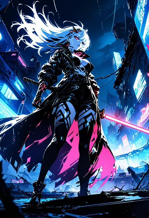 alone, weapons, stands, Hold, (highest quality,4K,High Resolution, masterpiece:1.2),Very Detailed,single,Cyberpunk City Neon,Armed with a red lightsaber with both hands,leather coat trench coat,long white hair anime girl,the hunter who drives the red thun...