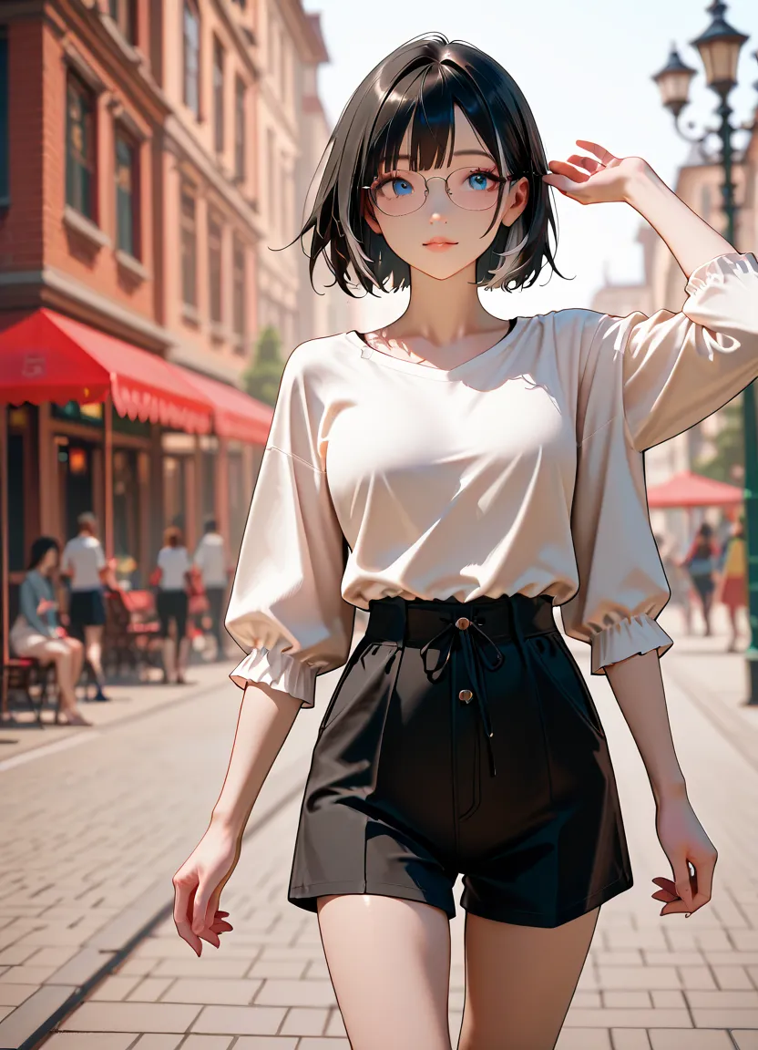 1 female, short hair, black hair with white highlights,blue eyes, wearing glasses, beautiful face, wearing a casual light white shirt, black shorts,walking in an amusement park.