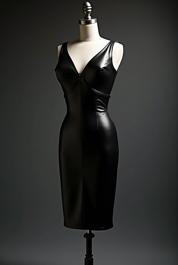 "A luxurious black leather designer dress displayed on a mannequin in a professional studio setting. The dress features a bold, structured silhouette with sharp, sculptural edges, exuding avant-garde elegance. The mannequin stands against a sleek, dark gra...