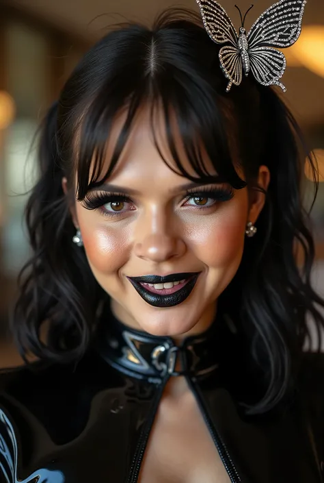 outrageously long and voluminous lash extensions., laughs a lot, Latex suit, diamond ear earrings, black hair, black lips, bright black makeup, large butterfly shaped hair clip