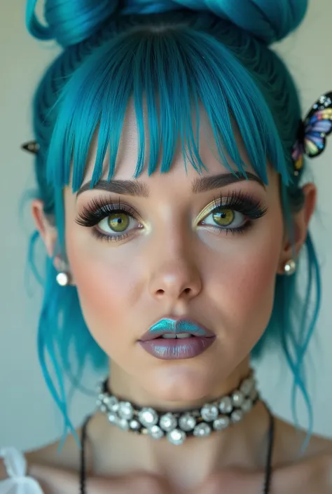 incredibly long and voluminous eyelash extensions, girl laughs a lot, Bright green makeup, blue hair , hair bun , diamond earrings , collar, blue lips, butterfly shaped hair clip