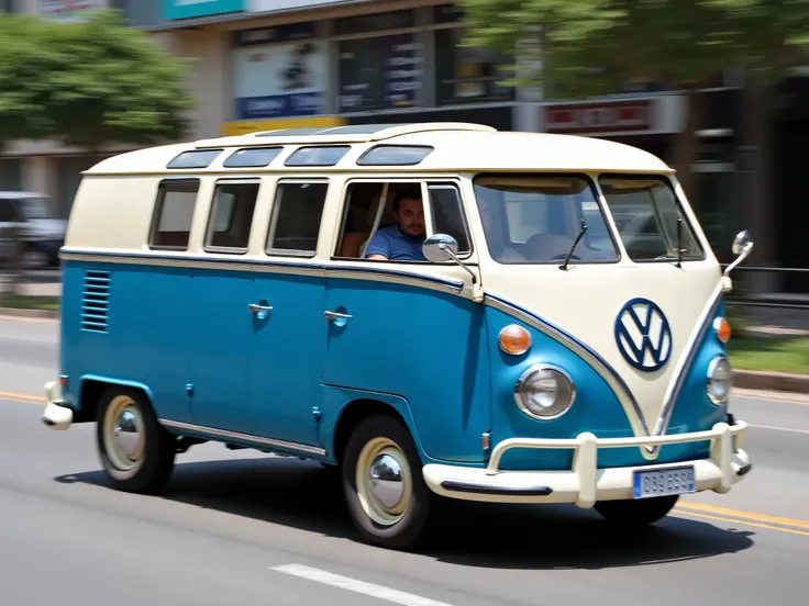 Side view of a person driving on a street in São Paulo, Brazil, an old blue and white van Kombi (1965) Vw, left view, side view,, Realistic photo,  photo control, Side photo , professional photo, Realistic photo