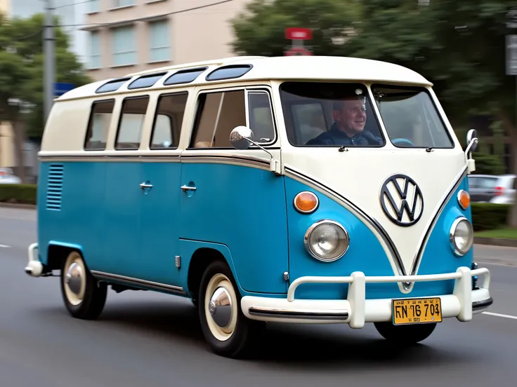 Side view of a person driving on a street in São Paulo, Brazil, an old blue and white van Kombi (1965) Vw, left view, side view,, Realistic photo,  photo control, Side photo , professional photo, Realistic photo