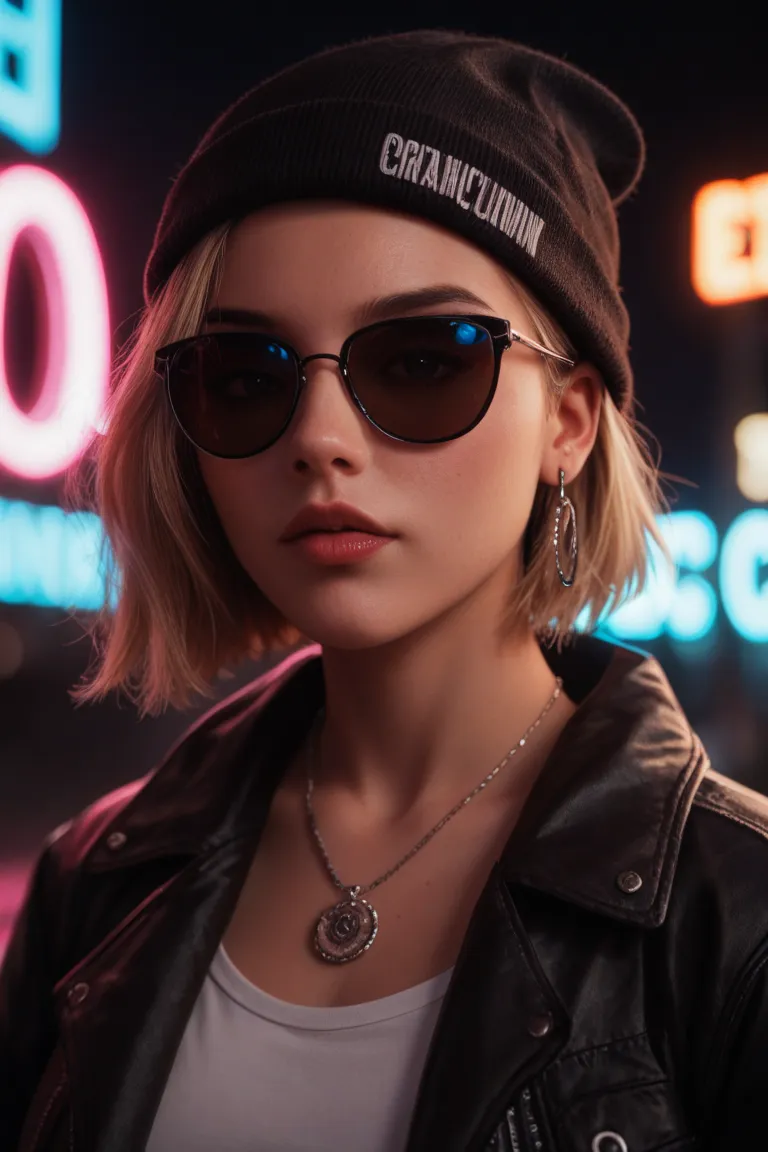 Face close up, alternative girl, watching over black sunglasses, jacket, necklace, neon light reflections on skin, ear ring, makeup, skin imperfection, short hair, beanie, neon lights background, low light, depth of field, highly detailed, high contrast, f...