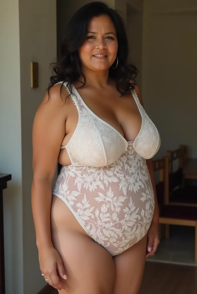 Hot mother indonesian woman((BBW)) plusize., around 55 years old, with extremely large breasts mukena white lacy ((TRANSPARENT)) transparent. very large thighs, and a very BIG((WIDE)) buttock ((HD restoration image)