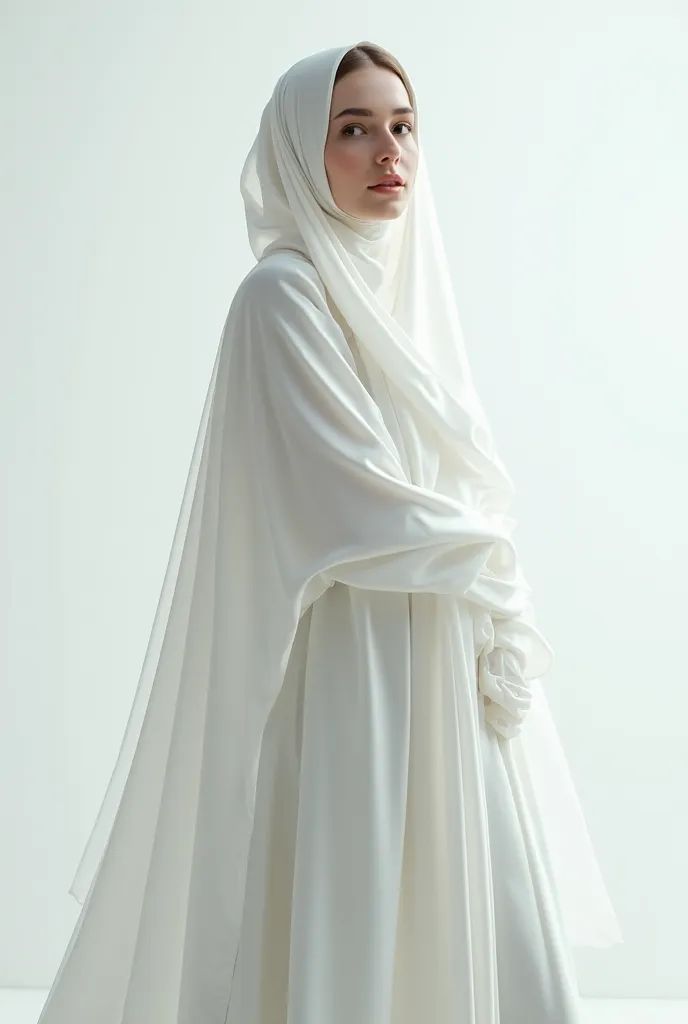 Naked white mekakai hijab woman standing on a chair 