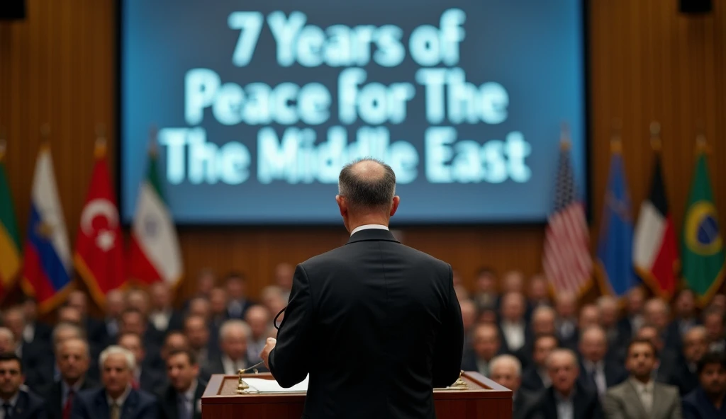 "A charismatic leader in a dark suit speaking on a podium at the headquarters of the United Nations. Flags from various countries are in the background, and the audience's expression is one of admiration and hope.  On the screen behind him , the phrase '7 ...