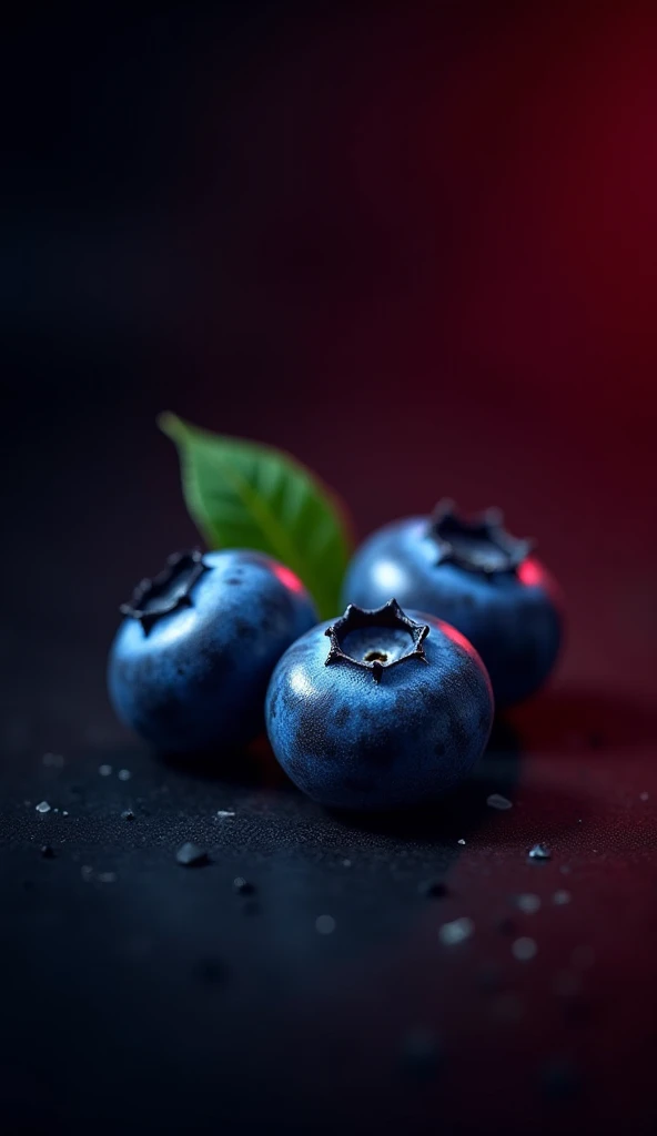 On a black and crimson background, 3 blueberries and a leaf 